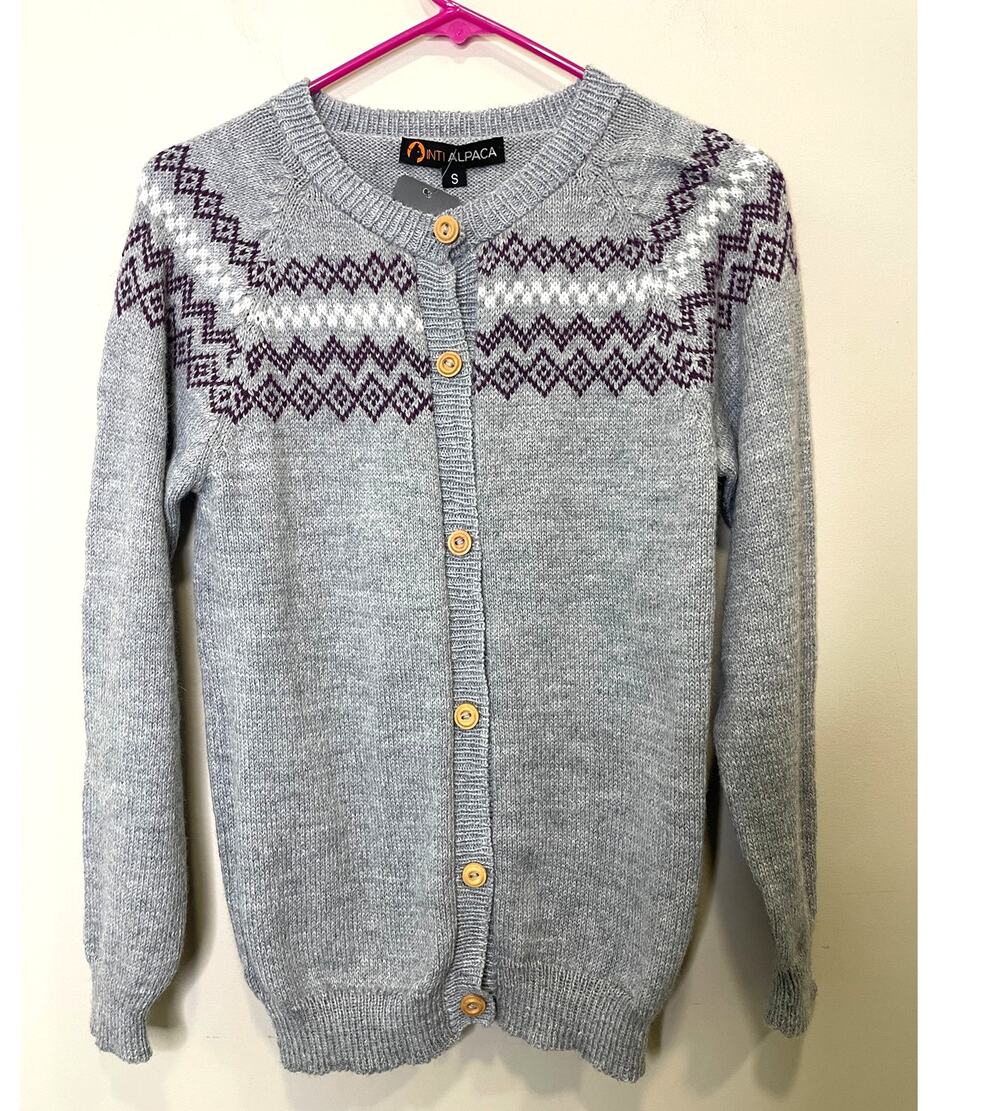 NWT IntiAlpaca Silver Gray Alpaca Cardigan Purple Fair Isle Sweater Size Sm